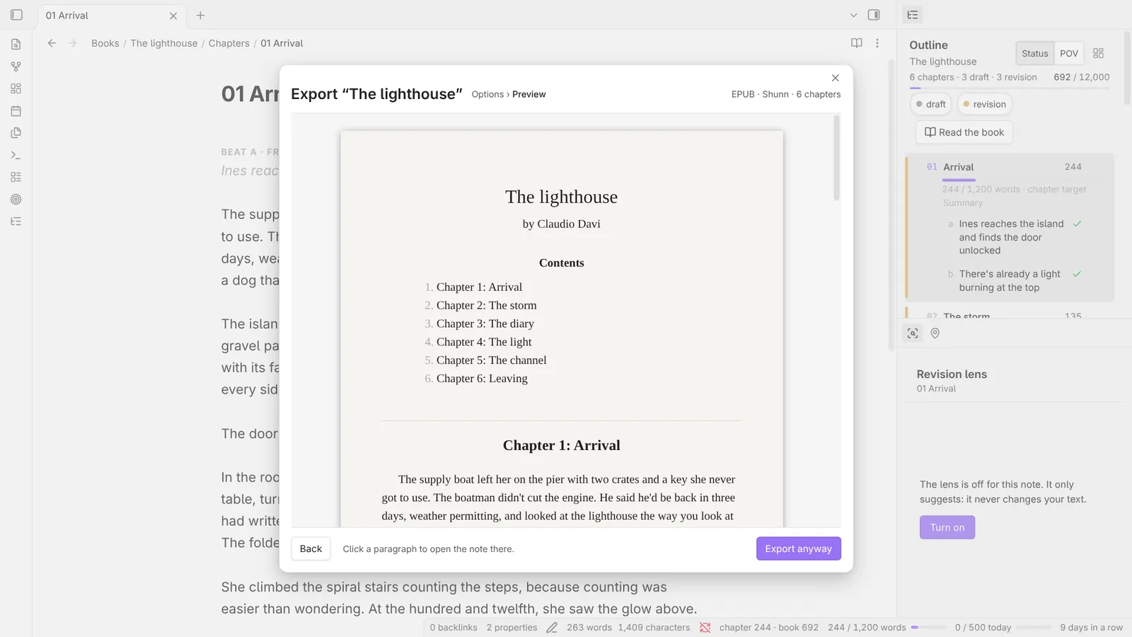 Export a book as EPUB, with a preview before it is written.