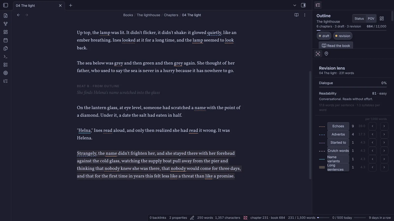 The revision lens, in a dark theme: echoes, adverbs, crutch words, name variants and long sentences.