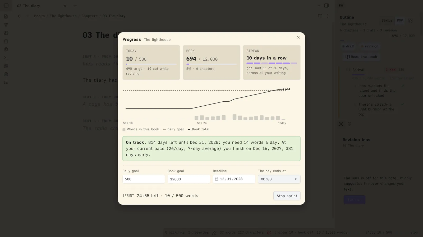 Progress: the day, the book, the streak, and when you finish at your current pace.