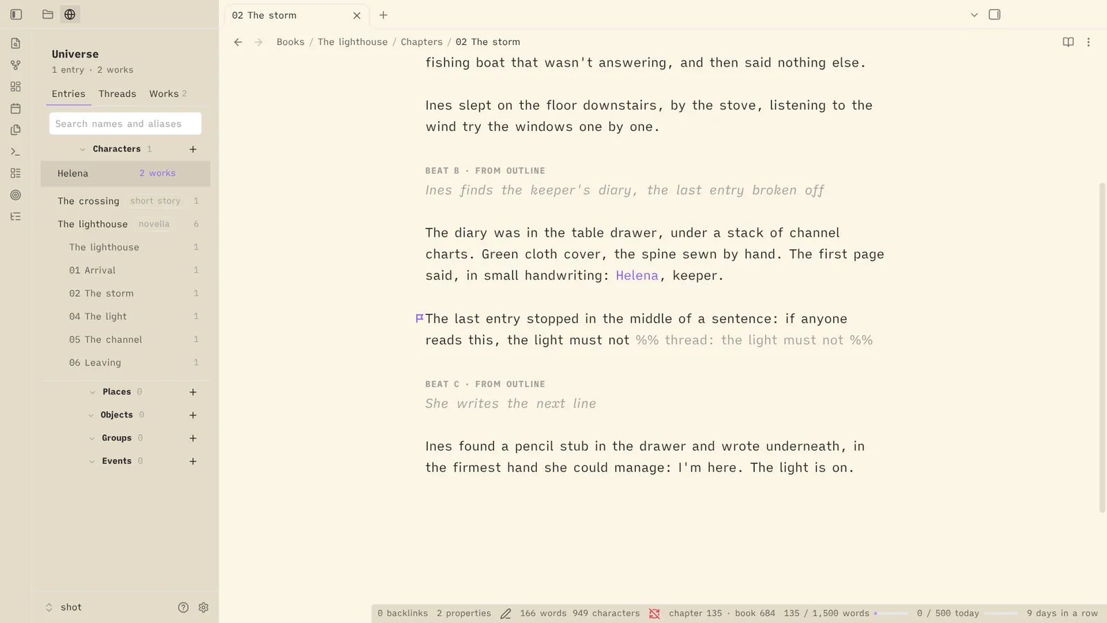 The universe: an entry, the works it appears in, and an open thread planted for a later story.