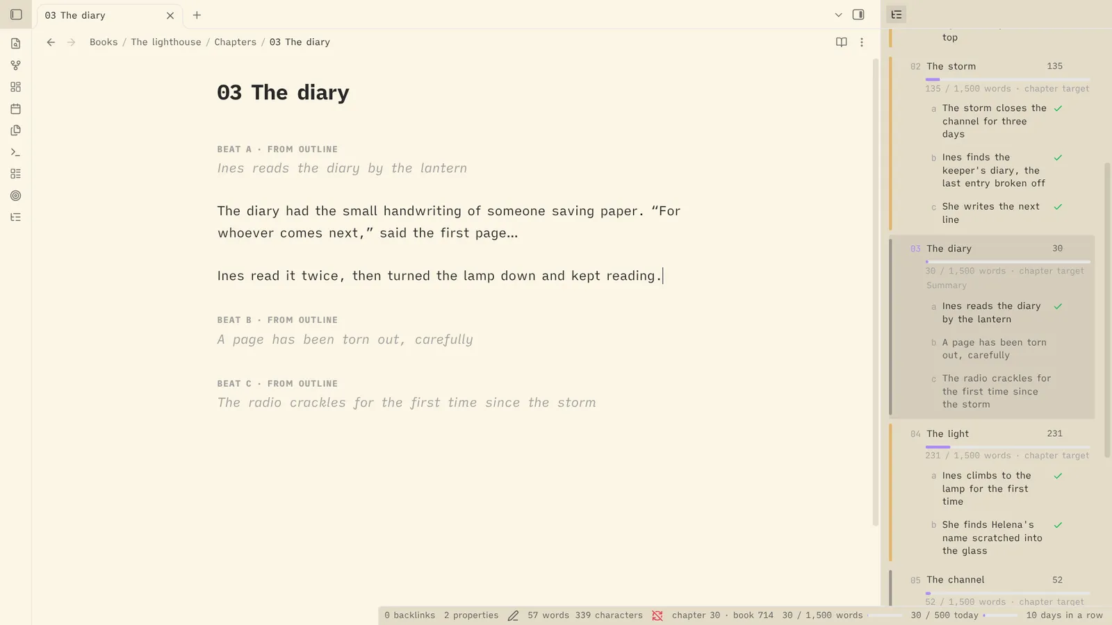 Writing under the outline: beats not yet written wait in the chapter as ghost labels.